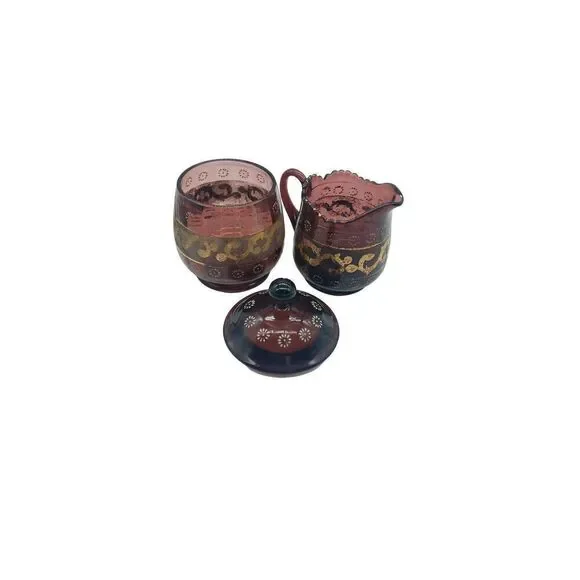 Antique Victorian Purple Glass Panel Gold Scrollwork Creamer & Sugar​​ - Picture 2 of 13